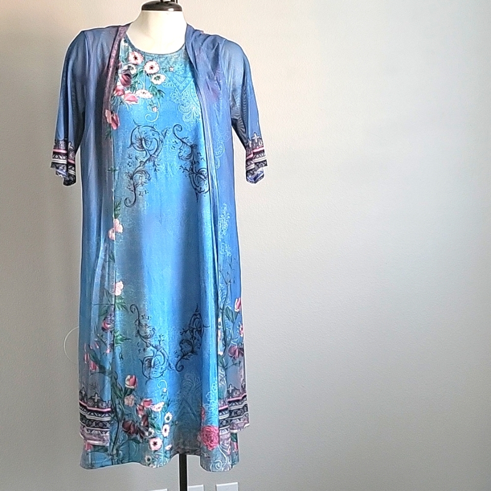 Women Boho 2 Piece Vintage Floral Printed Maxi Dress with Jacket Flowy Set